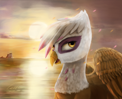 Size: 3042x2470 | Tagged: safe, artist:cattle32, gilda, griffon, g4, female, high res, looking at you, ocean, open mouth, scenery, solo, sun, sunset