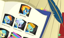Size: 3750x2250 | Tagged: dead source, safe, artist:noah-x3, cloudchaser, lightning dust, rainbow dash, spitfire, sunshower raindrops, g4, wonderbolts academy, clothes, desk, group, high res, lidded eyes, show accurate, uniform, wonderbolts uniform, yearbook, yearbook photo