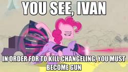 Size: 1280x720 | Tagged: safe, edit, edited screencap, screencap, pinkie pie, twilight sparkle, earth pony, pony, unicorn, a canterlot wedding, g4, behaving like a weapon, broken english, female, image macro, mare, meme, s.t.a.l.k.e.r., twigun, unicorn twilight, you see ivan