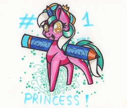 Size: 4564x3883 | Tagged: safe, artist:biskhuit, oc, oc only, pony, absurd resolution, crown, female, jewelry, mare, pencil, pencilcorn, regalia, smiling, solo, traditional art