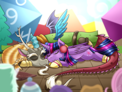 Size: 1500x1125 | Tagged: safe, artist:vavacung, discord, twilight sparkle, alicorn, draconequus, pony, dungeons and discords, g4, season 6, applejack's hat, captain wuzz, clothes, cowboy hat, cuddling, cute, discute, earmuffs, eyes closed, female, hat, male, prone, ship:discolight, shipping, signature, sleeping, smiling, snuggling, socks, straight, twiabetes, twilight sparkle (alicorn), vavacung is trying to murder us