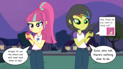 Size: 5760x3240 | Tagged: safe, artist:razethebeast, sour sweet, oc, oc:pauly sentry, equestria girls, g4, my little pony equestria girls: friendship games, absurd resolution, cellphone, clothes, dialogue, duo, duo female, equestria girls-ified, female, freckles, gift art, pants, phone, shirt, speech bubble, texting