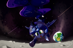 Size: 5547x3682 | Tagged: safe, artist:luxaestas, princess luna, alicorn, pony, g4, absurd resolution, astronaut, earth, female, filly, galaxy mane, moon, shooting star, smiling, solo, space, stars, woona, younger