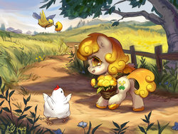 Size: 800x600 | Tagged: safe, artist:catmag, oc, oc only, oc:dandy, bird, chicken, earth pony, pony, blushing, butt, chibi, female, filly, flower, foal, nudity, path, plant, plot, simplistic cloaca, tree