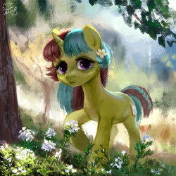 Size: 800x800 | Tagged: safe, artist:catmag, oc, oc only, oc:mallow, pony, unicorn, female, flower, flower in hair, forest, mare, raised hoof, solo, tree