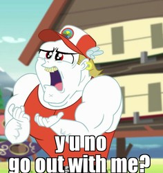 Size: 679x720 | Tagged: safe, edit, edited screencap, screencap, bulk biceps, equestria girls, g4, my little pony equestria girls: legend of everfree, image macro, male, meme, solo, y u no