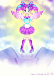 Size: 1488x2105 | Tagged: safe, artist:kateychazuu, princess flurry heart, human, g4, chibi moon, chibiusa, clothes, cosplay, costume, cute, female, flurrybetes, high heels, horn, horned humanization, humanized, looking at you, magical girl, pigtails, pleated skirt, sailor moon (series), shoes, skirt, socks, solo, winged humanization, wings