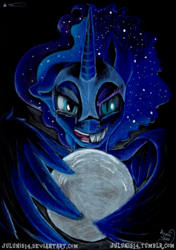 Size: 1638x2323 | Tagged: safe, artist:julunis14, nightmare moon, princess luna, g4, crying, female, looking at you, moon, open mouth, simple background, solo, tangible heavenly object, traditional art