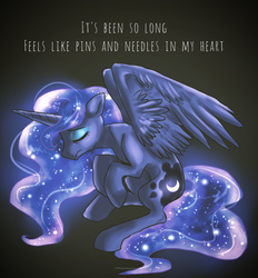 Size: 1004x1080 | Tagged: safe, artist:not-ordinary-pony, princess luna, alicorn, pony, g4, eyes closed, female, gradient background, pins and needles, sad, sitting, solo, song reference, spread wings, the birthday massacre