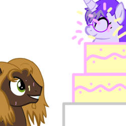 Size: 1000x1000 | Tagged: safe, artist:toyminator900, oc, oc only, oc:glass sight, oc:mellow rhythm, pegasus, pony, unicorn, birthday, cake, cute, food, glasses, melsight, popping, shipping, simple background, stain, transparent background