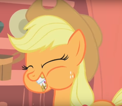 Size: 732x642 | Tagged: safe, screencap, applejack, earth pony, pony, g4, look before you sleep, cropped, eating, eyes closed, female, golden oaks library, mare, solo