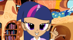 Size: 1366x764 | Tagged: safe, artist:skill:draw, twilight sparkle, human, g4, female, golden oaks library, humanized, lidded eyes, looking at you, solo, twilightlicious