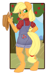 Size: 3000x4000 | Tagged: safe, artist:annakitsun3, applejack, earth pony, anthro, unguligrade anthro, g4, apple tree, clothes, dungarees, female, looking back, overalls, shirt, smiling, solo