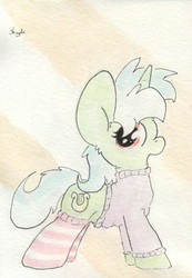 Size: 671x969 | Tagged: safe, artist:slightlyshade, lyra heartstrings, pony, unicorn, g4, clothes, female, looking at you, mare, open mouth, socks, solo, standing, striped socks, sweater, thigh highs, traditional art, watercolor painting