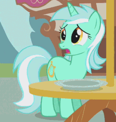 Size: 441x461 | Tagged: safe, edit, edited screencap, screencap, lyra heartstrings, pony, unicorn, g4, swarm of the century, animated, cropped, crying, cute, female, floppy ears, gif, looking back, lyrabetes, mare, reversed, sad, sadorable, solo, standing, table, wavy mouth