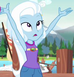 Size: 586x612 | Tagged: safe, screencap, trixie, equestria girls, g4, my little pony equestria girls: legend of everfree, armpits, arms in the air, clothes, cropped, female, open mouth, solo, talking, tank top
