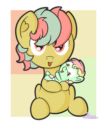 Size: 1076x1280 | Tagged: safe, artist:zalakir, oc, oc only, oc:wooden plow, earth pony, pony, baby, baby pony, brother and sister, colt, cute, diaper, female, filly, foal, holding, male, ocbetes