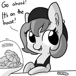 Size: 1080x1080 | Tagged: safe, artist:tjpones, oc, oc only, oc:bathilda the barista, earth pony, pony, horse wife, barista, beret, blatant lies, calorie, dialogue, food, grayscale, monochrome, pure unfiltered evil, simple background, solo, white background