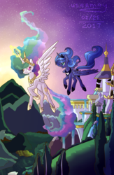 Size: 665x1018 | Tagged: dead source, safe, artist:14usermay88, princess celestia, princess luna, alicorn, pony, g4, canterlot castle, flying, mountain, royal sisters, s1 luna, stars, sunrise, twilight (astronomy)