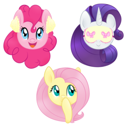 Size: 2000x2000 | Tagged: safe, artist:orcakisses, fluttershy, pinkie pie, rarity, earth pony, pegasus, pony, unicorn, g4, covering mouth, ear plugs, food, hear no evil, high res, ice cream, see no evil, simple background, sleep mask, speak no evil, three wise monkeys, transparent background, trio
