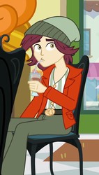 Size: 459x810 | Tagged: safe, screencap, normal norman, scribble dee, equestria girls, g4, chair, clothes, food, hat, jacket, milkshake, orange, pants, shocked