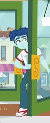 Size: 444x1080 | Tagged: safe, screencap, curly winds, some blue guy, equestria girls, g4, my little pony equestria girls, background human, clothes, cropped, male, pants, shocked, shoes, sneakers, solo