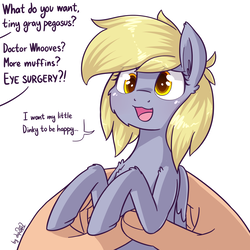 Size: 1920x1920 | Tagged: safe, artist:dsp2003, part of a set, derpy hooves, human, pegasus, pony, g4, cheek fluff, colored pupils, cute, daaaaaaaaaaaw, derpabetes, dialogue, dsp2003 is trying to murder us, ear fluff, equestria's best mother, eye clipping through hair, female, fluffy, hnnng, holding a pony, implied dinky, implied doctor whooves, offscreen character, open mouth, part of a series, shoulder fluff, simple background, single panel, tiny ponies, what do you want, white background, wholesome