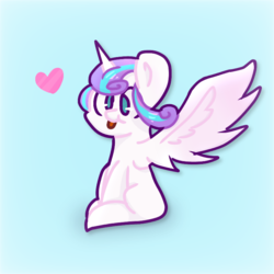 Size: 768x768 | Tagged: safe, artist:ponliestar, princess flurry heart, alicorn, pony, g4, blue background, female, heart, silly, silly pony, simple background, sitting, solo, spread wings, tongue out