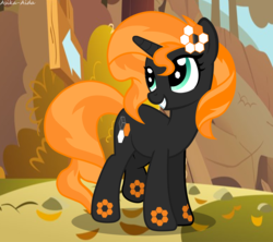 Size: 3744x3318 | Tagged: safe, artist:asika-aida, oc, oc only, oc:carbon 6, object pony, original species, pony, unicorn, autumn, element pony, female, forest, high res, leaf, looking back, mare, ponified, recolor, request, sign, smiling, solo
