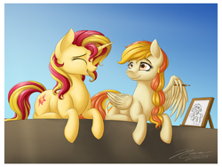 Size: 1024x768 | Tagged: safe, artist:novaintellus, sunset shimmer, oc, oc:little flame, pegasus, pony, unicorn, g4, drawing, duo, eyes closed, open mouth, pencil, prone, smiling, wing hands