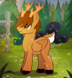 Size: 3288x3558 | Tagged: safe, artist:asika-aida, oc, oc only, deer pony, hybrid, original species, pegasus, pony, grass, high res, horn, male, request, requested art, smiling, solo, stallion, tree