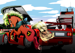 Size: 3507x2480 | Tagged: safe, artist:dormin-dim, oc, oc only, oc:appleseed, earth pony, pony, bandana, car, commission, ferrari, ferrari f40, high res, looking back, male, motorsport, open mouth, race track, rear view, smiling, solo, stallion, supercar, underhoof