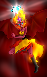 Size: 1560x2560 | Tagged: safe, artist:imskull, sunset shimmer, equestria girls, g4, big crown thingy, black sclera, clothes, element of magic, female, jewelry, magic, regalia, solo, sunset satan, torn clothes