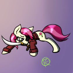 Size: 1000x1000 | Tagged: safe, artist:overkenzie, roseluck, earth pony, pony, g4, amputee, clothes, eyepatch, female, jacket, mare, mouth hold, peg leg, pirate, prosthetic leg, prosthetic limb, prosthetics, solo, sword, weapon