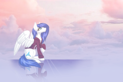 Size: 3000x2000 | Tagged: safe, artist:leftduality, oc, oc only, oc:mellatune, pegasus, pony, caduceus, clothes, cloud, high res, hoodie, sky, solo