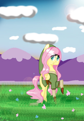 Size: 1328x1908 | Tagged: safe, artist:mlpfimcp, fluttershy, g4, clothes, cloud, cosplay, costume, crossover, female, grass, link, mountain, raised hoof, solo, the legend of zelda