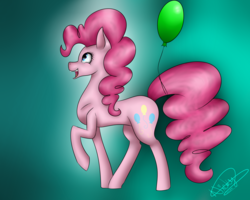 Size: 2500x2000 | Tagged: safe, artist:nickyyynka, pinkie pie, g4, balloon, female, green background, high res, raised hoof, solo