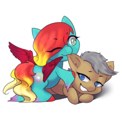 Size: 2449x2449 | Tagged: safe, artist:wynnchi, oc, oc only, oc:andromeda, oc:moon cake, earth pony, pegasus, pony, blue eyes, cute, duo, ear bite, female, gradient mane, high res, hnnng, male, mare, nibbling, ocbetes, prone, simple background, stallion, white background