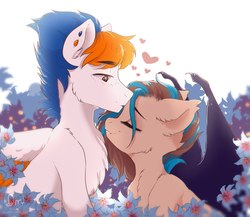 Size: 1637x1422 | Tagged: safe, artist:dagmell, oc, oc only, bat pony, pegasus, pony, g4, bat wings, colt, commission, cute, ear fluff, embarrassed, female, flower, fluffy, fur, heart, kissing, male, mare, mare and stallion, oc x oc, shipping, wings