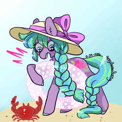 Size: 1000x1000 | Tagged: safe, artist:honeybonniebunny, tropical delight, crab, pony, g3, beach, bow, braid, female, hat, inner tube, sand, solo, wingding eyes