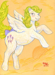 Size: 699x962 | Tagged: safe, artist:motheaten, surprise, g1, bow, female, solo, sunset, tail bow, traditional art