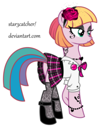 Size: 1024x1312 | Tagged: safe, artist:star3catcher, toola-roola, pony, g3, g3.5, g4, bow, bracelet, clothes, cute, female, flower, flower in hair, g3.5 to g4, generation leap, goth, jewelry, plaid, pleated skirt, rose, shoes, simple background, skirt, skirt lift, solo, stockings, thigh highs, transparent background