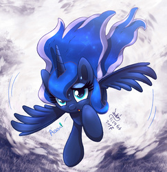 Size: 1475x1520 | Tagged: safe, artist:joakaha, princess luna, pony, g4, female, flying, looking at you, missing accessory, raised hoof, signature, solo, spread wings, sweat, sweatdrop, worried