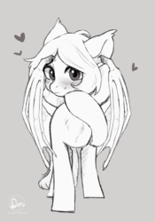 Size: 1196x1711 | Tagged: safe, artist:dagmell, oc, oc only, bat pony, pony, bat wings, commission, cute, embarrassed, female, heart, mare, monochrome, simple background, sketch, solo