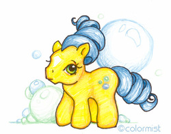Size: 339x266 | Tagged: safe, artist:colormist, bubbles (g1), earth pony, pony, g1, bubble, coat markings, curly mane, facial markings, female, simple background, solo, star (coat marking), white background