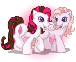 Size: 1218x992 | Tagged: safe, artist:anscathmarcach, oc, oc only, oc:glitterby, oc:rosey prosey, g3, commission, simple background, transparent background