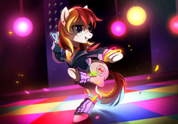 Size: 1145x801 | Tagged: dead source, safe, artist:ruhje, oc, oc only, oc:ruby hop, pony, clothes, commission, dance floor, dancing, female, glow rings, jacket, leg warmers, mare, nightclub, smiling, solo