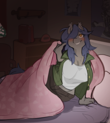 Size: 1280x1422 | Tagged: safe, artist:paperclip, oc, oc only, oc:racket rhine, bat pony, anthro, bed, bedroom, bedsheets, blushing, clothes, covers, cute, female, inviting, jacket, mare, midriff, pants, pillow, plump, poster, shirt, smiling, solo, sword, thick, weapon, wide hips