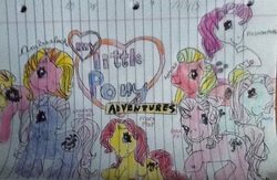 Size: 939x614 | Tagged: safe, artist:deedee524, amberlocks (g3), applejack (g3), blossomforth (g3), chocolate delight (g3), fiesta flair, minty, pinkie pie (g3), g3, lined paper, traditional art