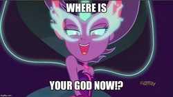 Size: 800x451 | Tagged: safe, edit, edited screencap, screencap, sci-twi, twilight sparkle, equestria girls, g4, my little pony equestria girls: friendship games, discovery family logo, doomed, female, image macro, meme, micah, midnight sparkle, solo, we're all doomed, where is your god now?